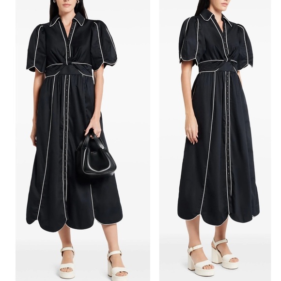 Farm Rio Contrasting-Trim Puff Short Sleeve Button Down Midi Dress Small NEW - Picture 10 of 16